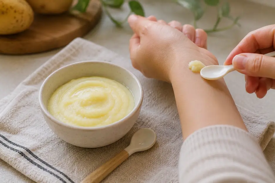 Potato puree for baby cooling in a ceramic bowl while the temperature is tested on the wrist before serving.