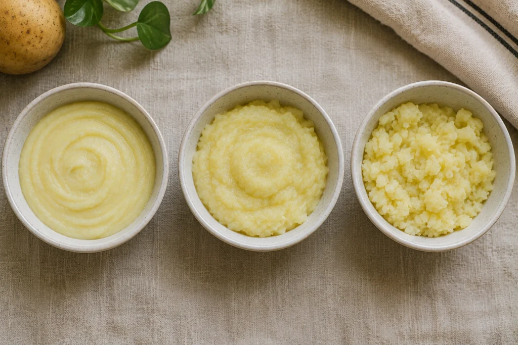 Potato puree for baby shown in three textures, from smooth puree to thicker mash and soft fork-mashed potato for developing eating skills.