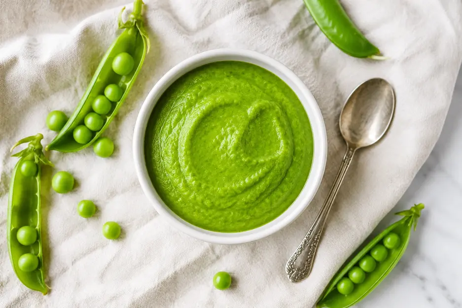 Pea puree for baby in a white bowl with fresh green peas, pea pods and a silver spoon on soft cream linen.