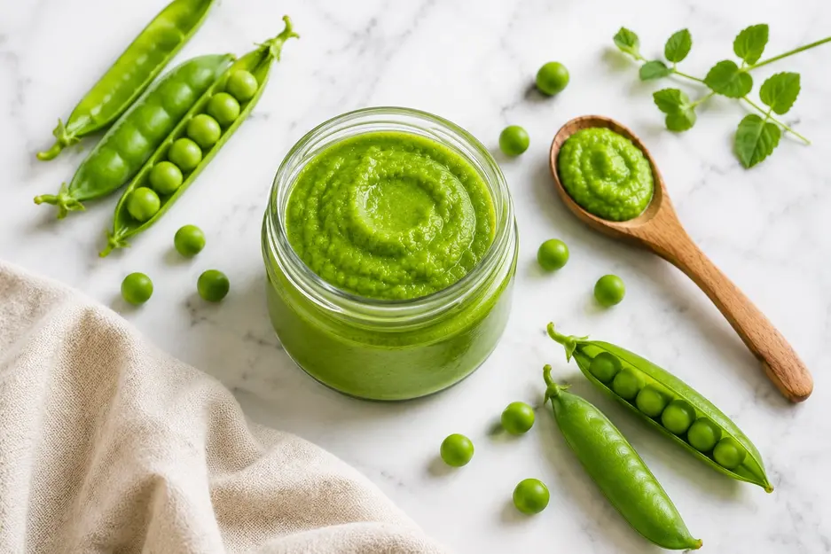Pea puree for baby in a glass jar with fresh green peas, pea pods and a wooden spoon on white marble.