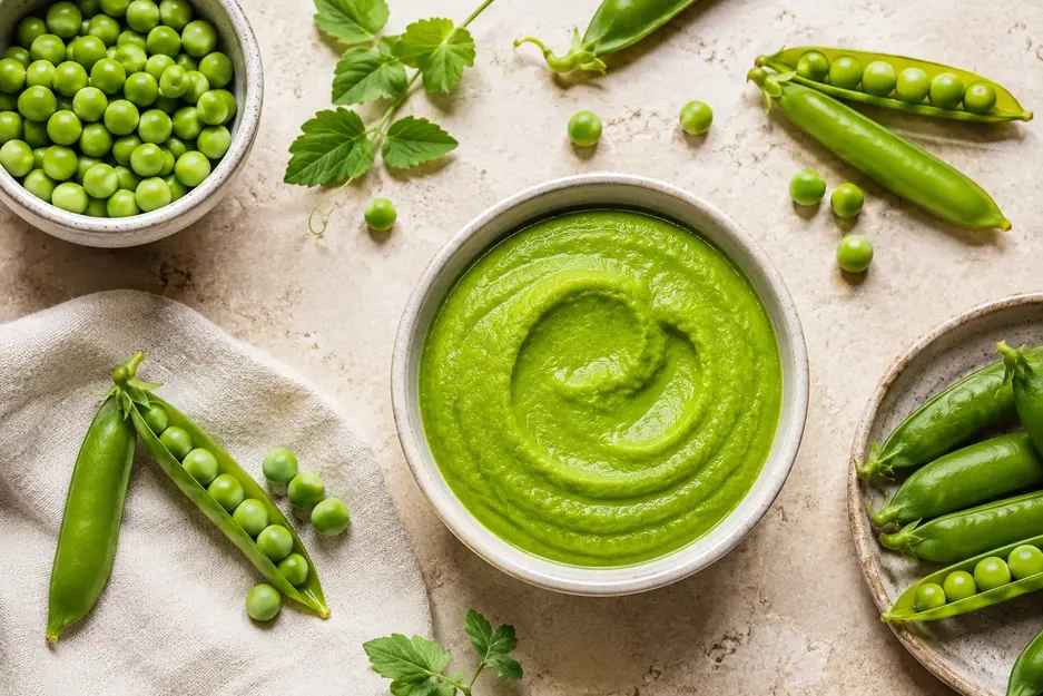 Pea puree for baby in a ceramic bowl with fresh green peas and open pea pods on a warm cream stone surface.