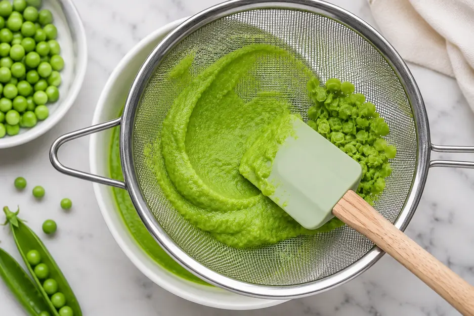 Pea puree for baby being pressed through a fine mesh strainer with a spatula for an extra-smooth texture.