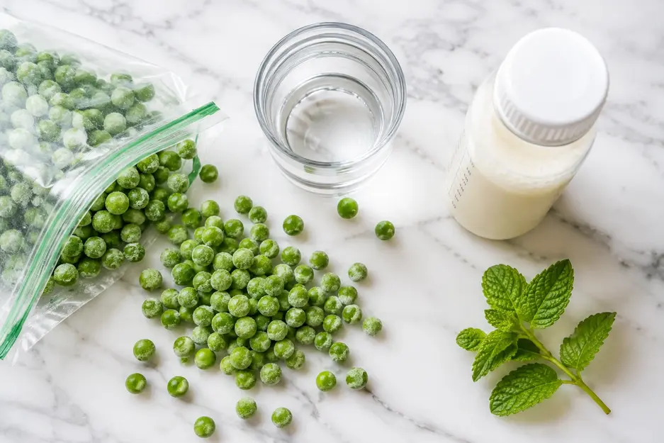 Frozen green peas spilling from a bag with water, breast milk and fresh mint on white marble for homemade pea puree for baby.