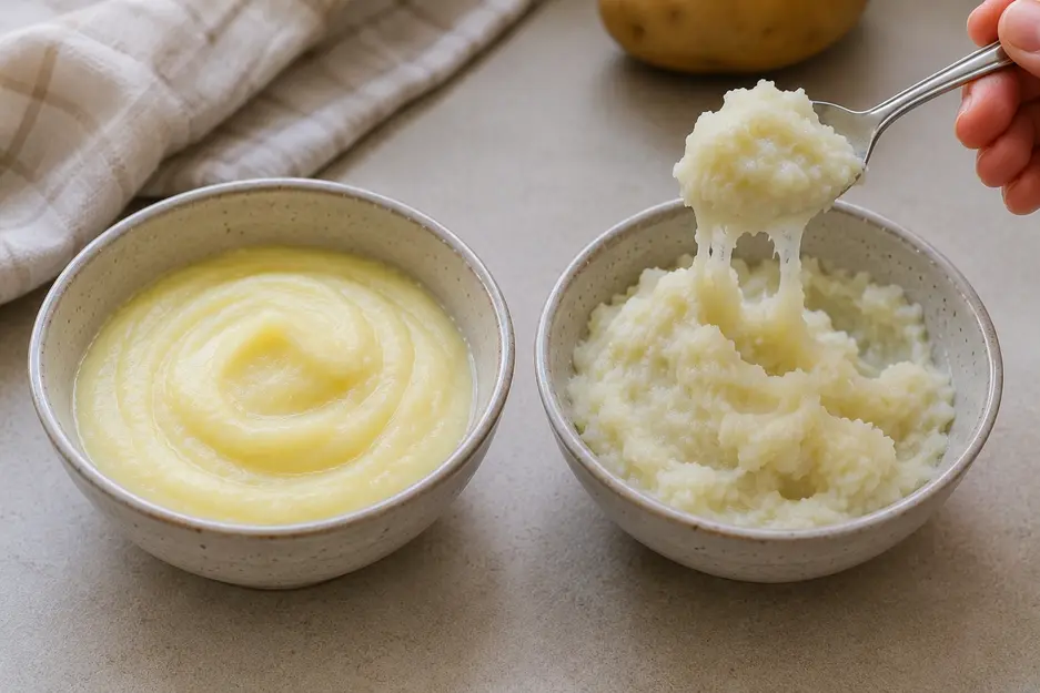 Potato puree for baby shown with smooth creamy texture beside over-blended sticky puree, demonstrating how blending affects consistency.