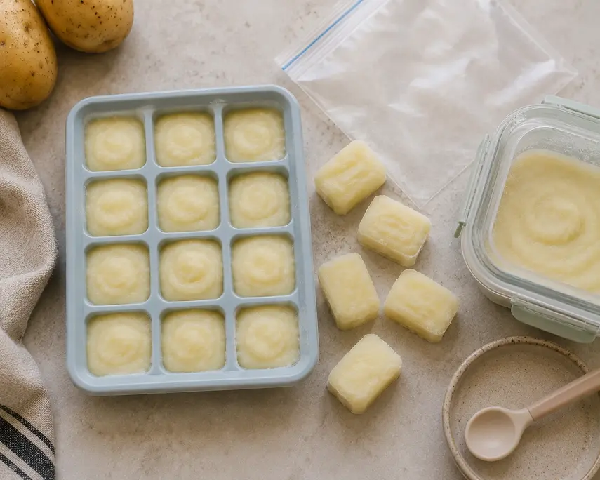 Potato puree for baby portioned into a silicone freezer tray with frozen portions and an airtight container for easy storage.