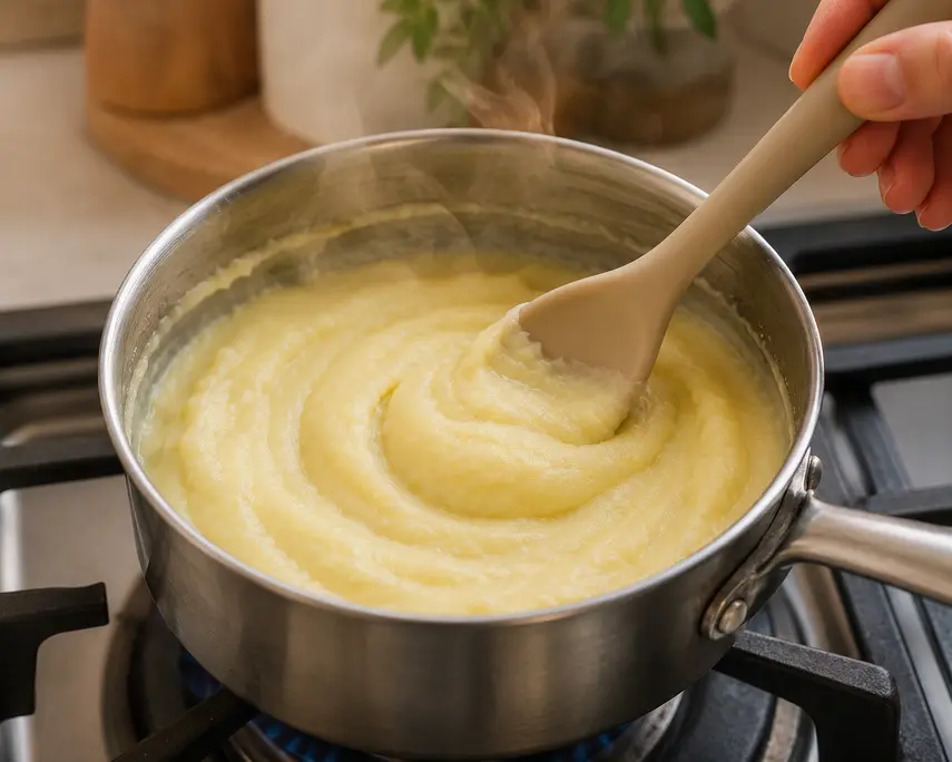 Potato puree for baby being gently reheated in a saucepan over low heat and stirred until warm and creamy before serving.