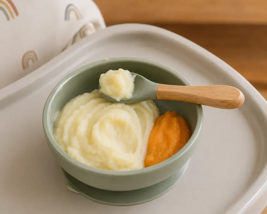 Potato puree for baby served in a suction bowl with a preloaded baby spoon and a small portion of vegetable puree on a high-chair tray.