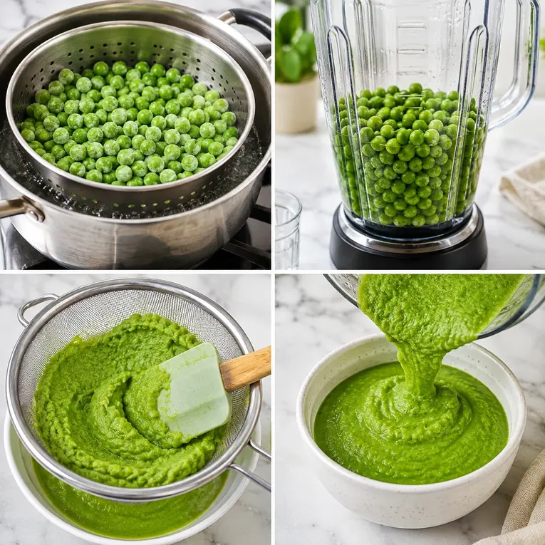Four-step pea puree for baby process showing steaming peas, blending, straining, and pouring smooth green puree into a bowl.