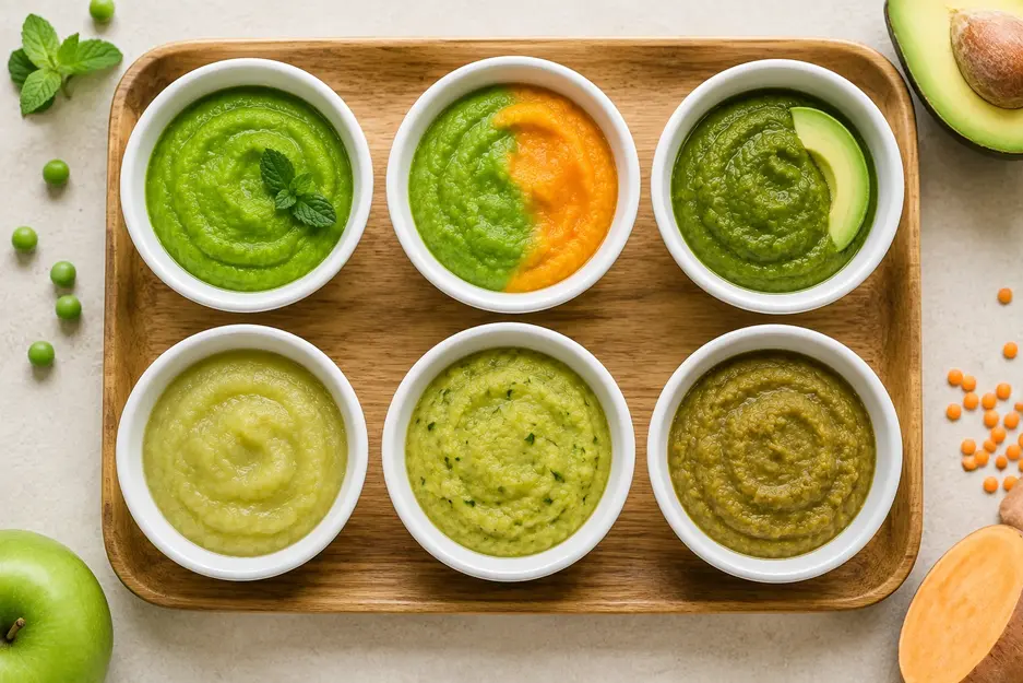 Six pea puree for baby combinations with mint, sweet potato, avocado, apple, zucchini and lentil in white bowls on a wooden tray.
