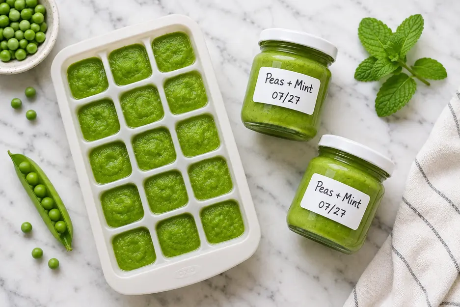 Bright green pea puree for baby in a silicone freezer tray and labeled glass jars with fresh peas and mint on white marble.