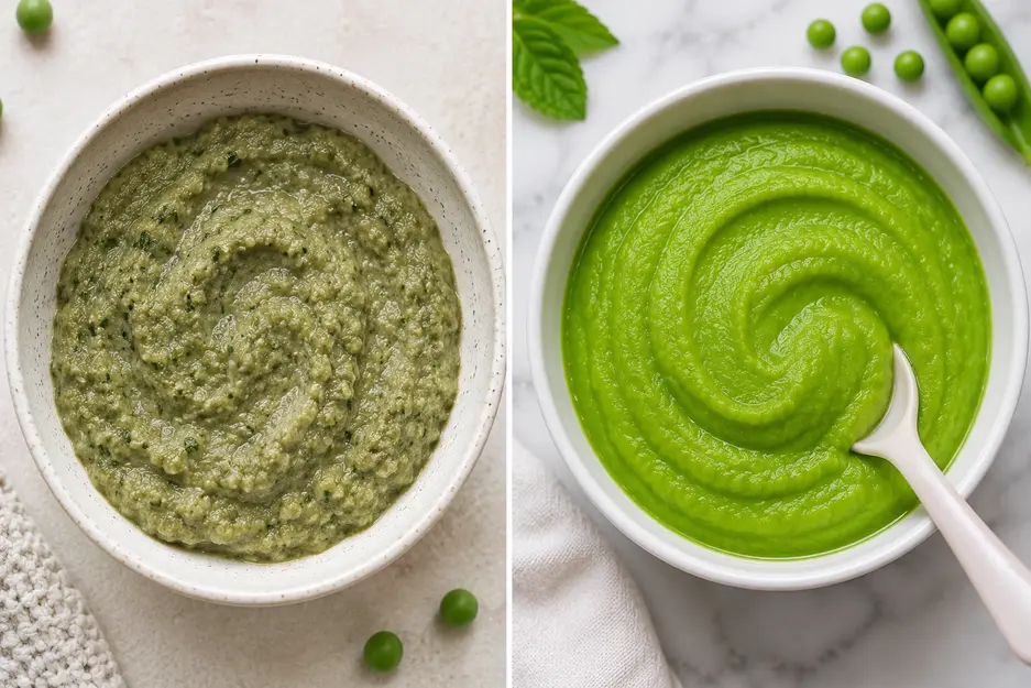 Grainy grey-green pea puree beside smooth bright green pea puree for baby, showing the difference in color and texture.