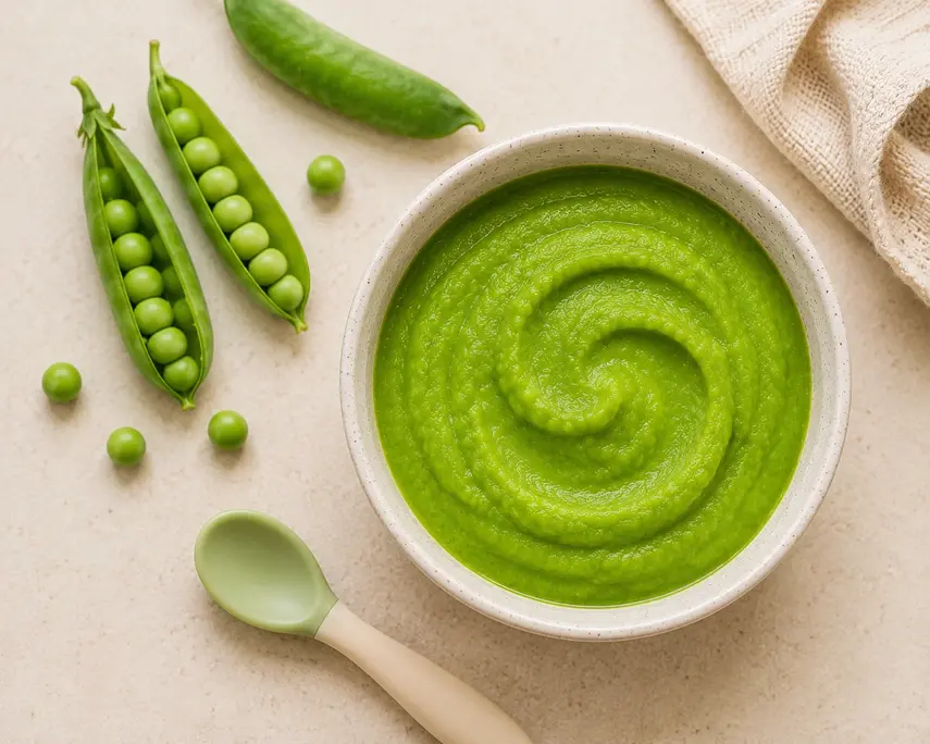 Pea puree for baby in a ceramic bowl with fresh green peas, pea pods and a baby spoon on a warm cream background.