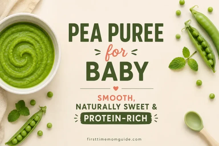 Pea puree for baby feature image with silky bright-green puree, fresh peas and the text “Smooth, Naturally Sweet & Protein-Rich.”