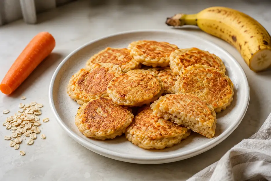 Blender carrot pancakes for baby with banana and oats, served soft and golden on a cream plate with a tender pancake center visible.