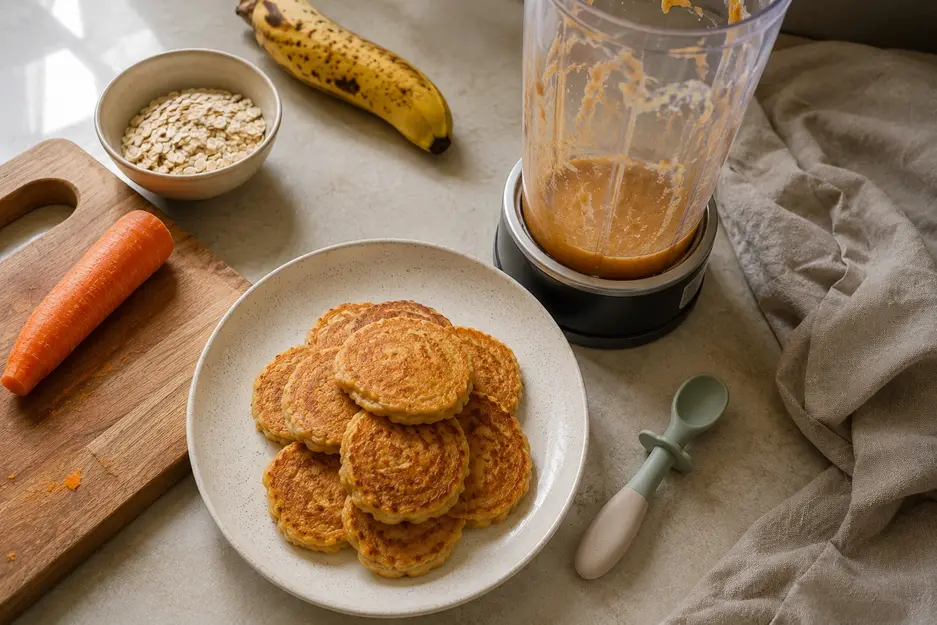 Blender carrot pancakes for baby with banana and oats, freshly prepared beside a blender, carrot and baby spoon in a warm family kitchen.