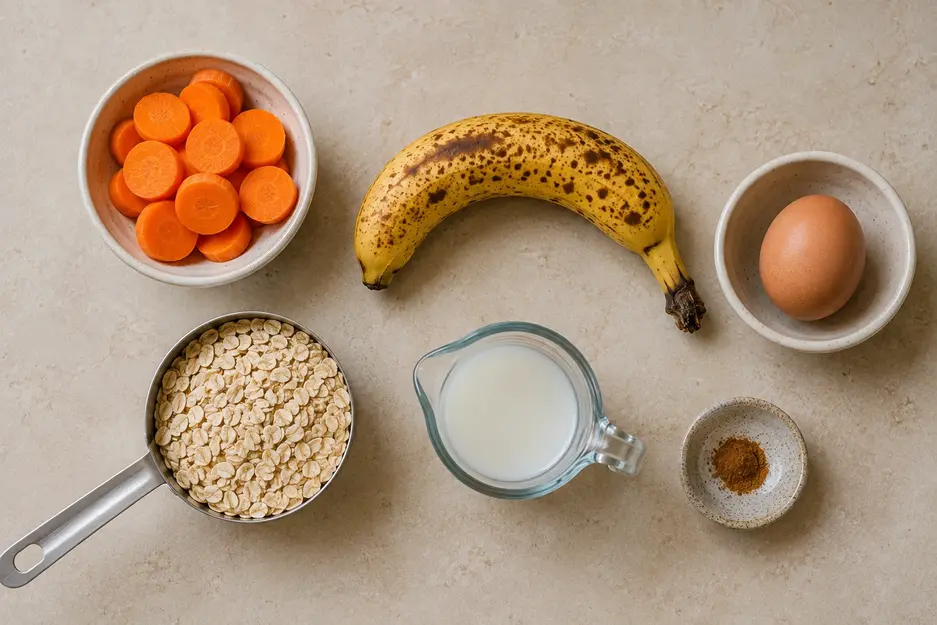 Blender carrot pancakes for baby ingredients with ripe banana, carrot, rolled oats, egg, milk, and cinnamon arranged on a cream countertop.
