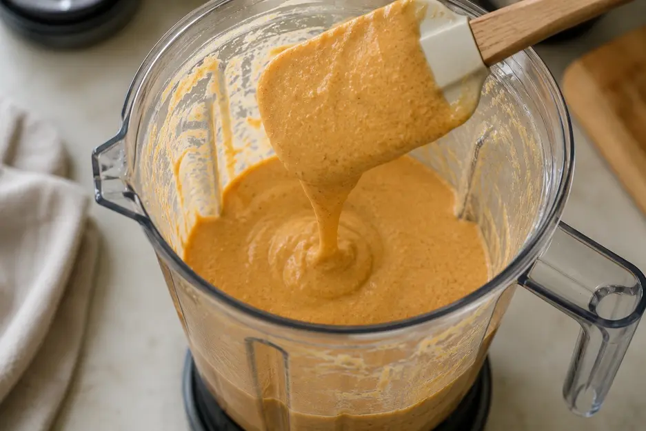 Blender carrot pancakes for baby batter blended smooth and thick with carrot, banana, oats, egg and milk, showing the ideal pourable consistency.