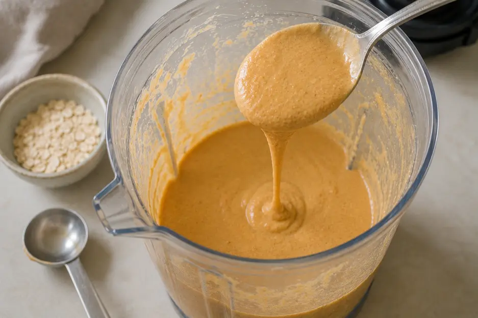 Blender carrot pancakes for baby batter resting in a blender, showing the smooth, thick and pourable consistency with rolled oats nearby.