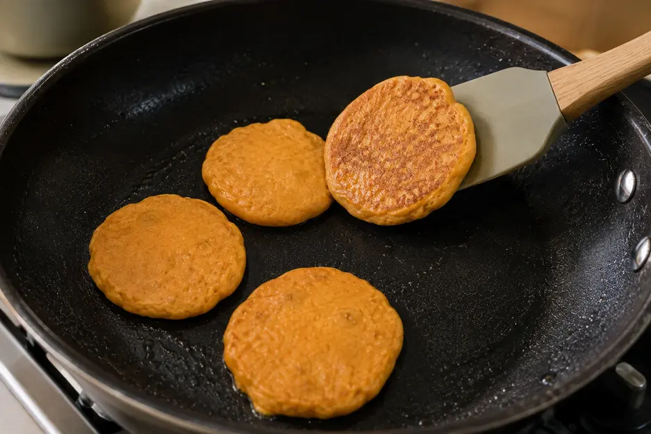 Blender carrot pancakes for baby being gently flipped in a non-stick skillet, showing soft golden-orange pancakes with natural browned spots.