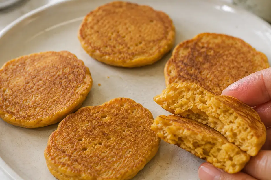 Blender carrot pancakes for baby cooling on a cream plate, with one pancake torn open to show its soft, fully cooked oat-textured center.