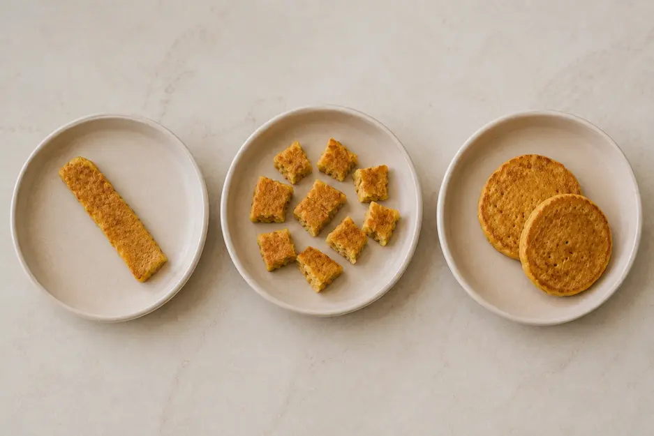Blender carrot pancakes for baby served as a soft finger strip, bite-size pieces, and whole mini pancakes for different self-feeding stages.