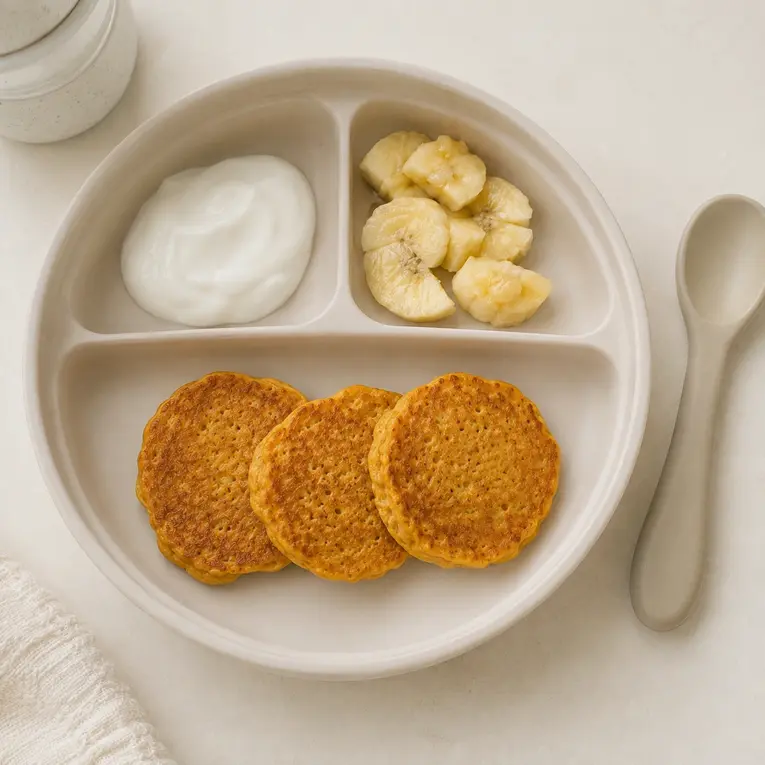 Blender carrot pancakes for baby served with plain yogurt and soft ripe banana pieces on a cream silicone baby plate for breakfast.