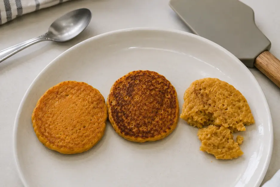 Blender carrot pancakes for baby troubleshooting with a golden pancake, an over-browned pancake, and a pale broken pancake showing common cooking issues.