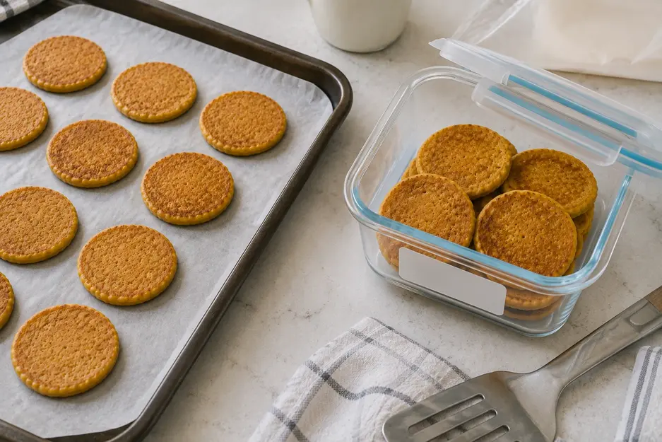 Blender carrot pancakes for baby cooled and arranged for freezing on a parchment-lined tray, with extras stored in a reusable freezer container.