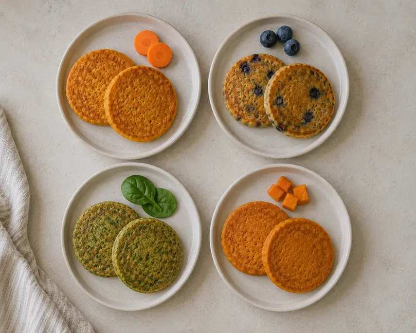 Blender carrot pancakes for baby shown in four variations with classic carrot, blueberry, spinach, and sweet potato on individual cream plates.