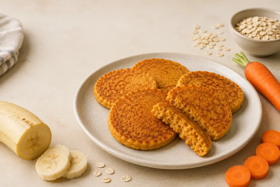Blender carrot pancakes for baby served golden and soft on a cream plate with banana, carrot and oats, with one pancake split to show the tender center.