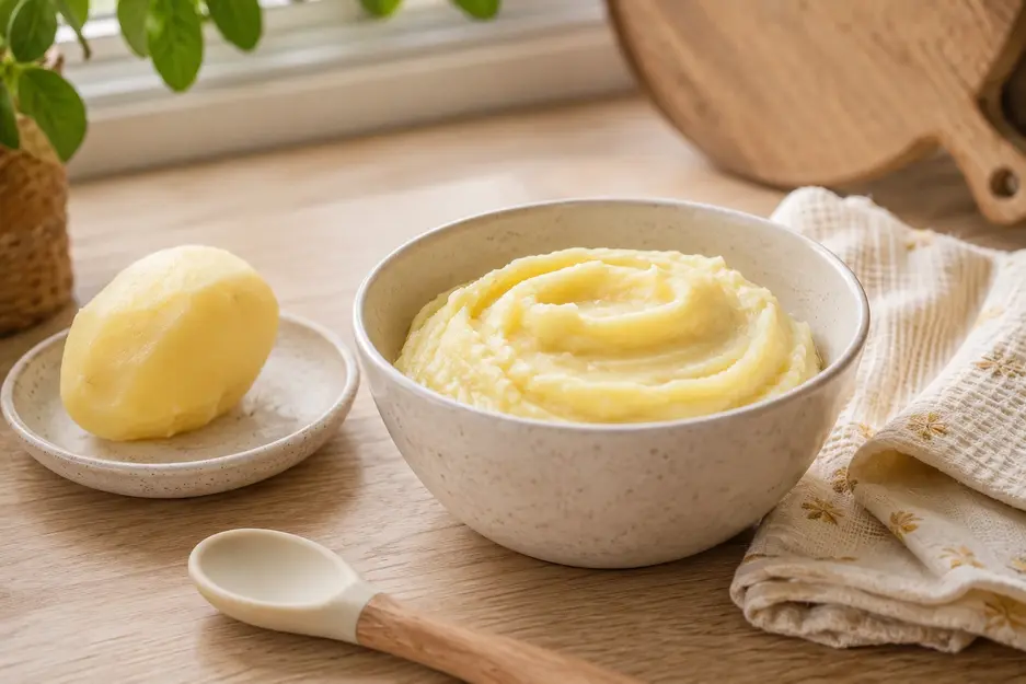 Potato puree for baby served creamy and smooth beside a peeled cooked potato, baby spoon, and napkin in a warm home kitchen.