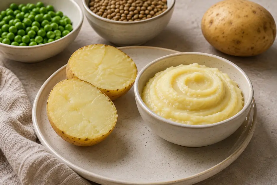 Potato puree for baby served with a cooked potato, peas, and lentils to show a simple, nutritious and varied first-food meal.