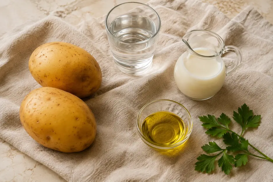 Potato puree for baby ingredients with Yukon Gold potatoes, water, milk, olive oil, and parsley arranged on warm cream linen.