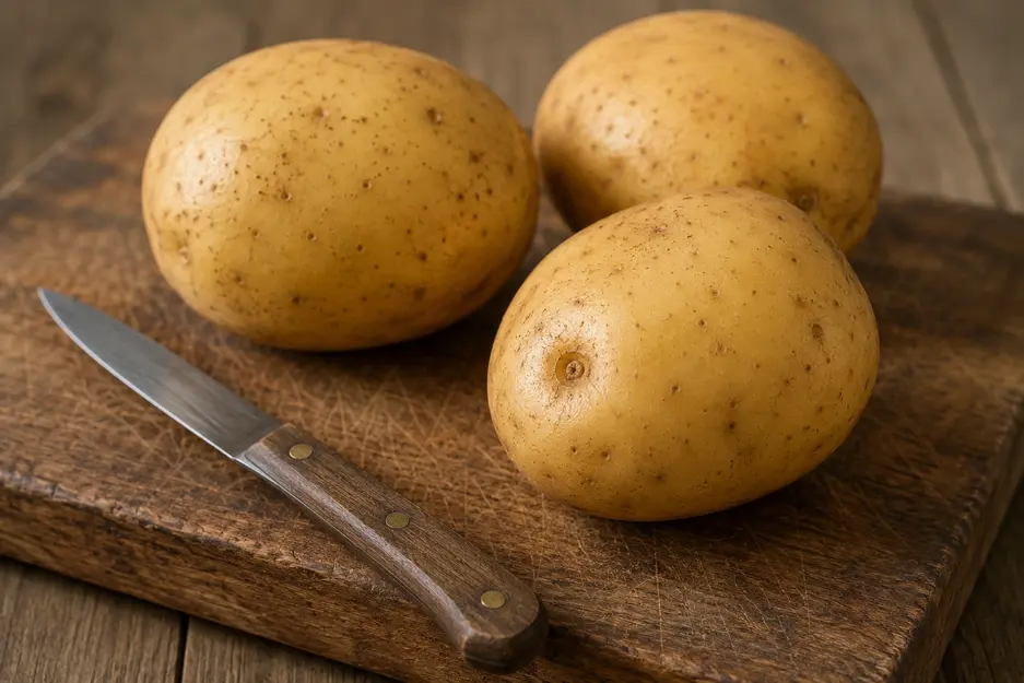 Fresh potatoes for potato puree for baby on a wooden cutting board with a paring knife, showing firm, naturally textured skin.