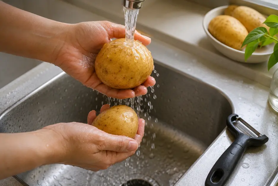 Potato puree for baby preparation begins with washing fresh potatoes under running water at a clean kitchen sink before peeling.