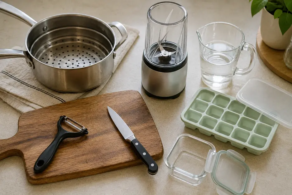Equipment for making potato puree for baby, including a blender, steamer, peeler, knife, measuring cup, freezer tray, and storage containers.