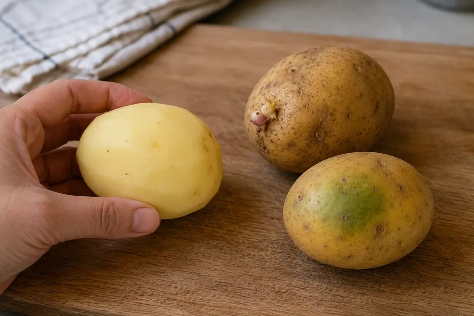 Potato puree for baby preparation showing a peeled fresh potato inspected beside sprouted and green potatoes before cooking.