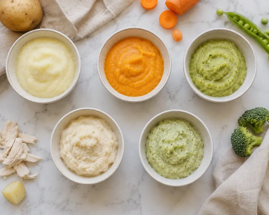 Potato puree for baby shown in five flavor variations with carrot, peas, chicken, and broccoli arranged in small ceramic bowls.
