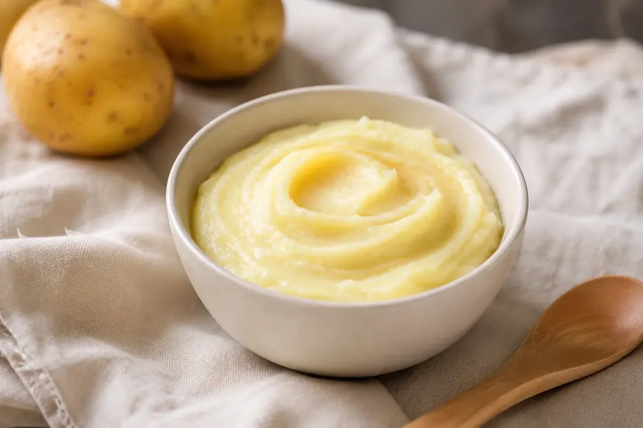 Potato puree for baby served creamy and smooth in a small ceramic bowl with fresh potatoes, a wooden spoon, and soft natural light.