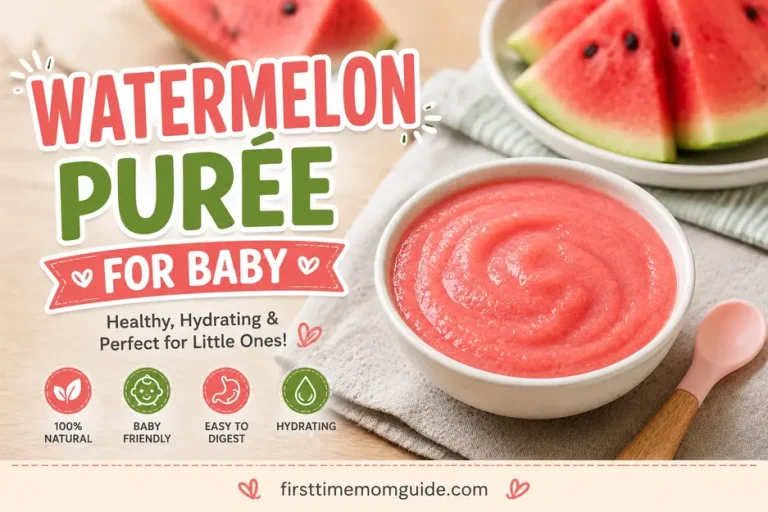 Watermelon puree for baby in a bowl with fresh watermelon slices, baby spoon, and firsttimemomguide.com at the bottom.