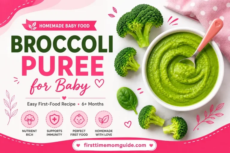 Broccoli puree for baby in a white bowl with fresh broccoli florets, pink baby-themed accents, and text reading “Broccoli Puree for Baby – Easy First-Food Recipe, 6+ Months.