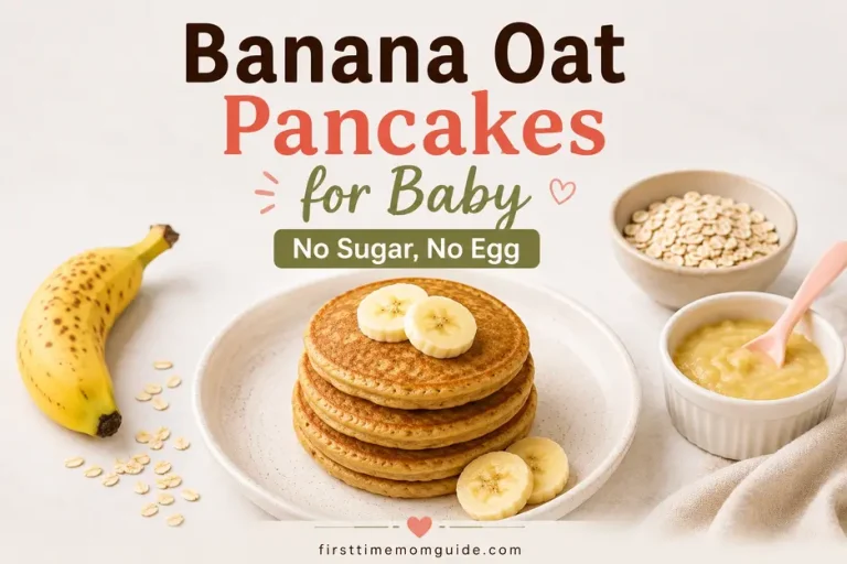 Banana oat pancakes for baby served with banana slices and oats, featuring soft golden pancakes with no added sugar or egg.