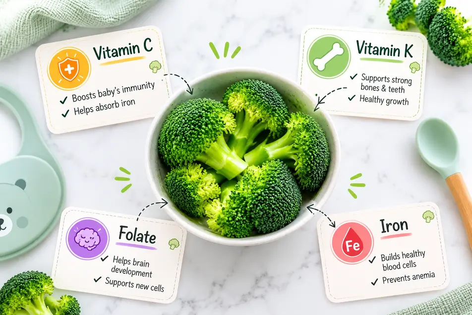 Broccoli nutrition infographic for babies highlighting Vitamin C, Vitamin K, folate and iron benefits, ideal for a first-time mom feeding guide.