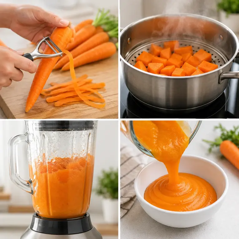 Four-step process for making carrot puree for baby, showing fresh carrots being peeled, steamed, blended and poured into a bowl.