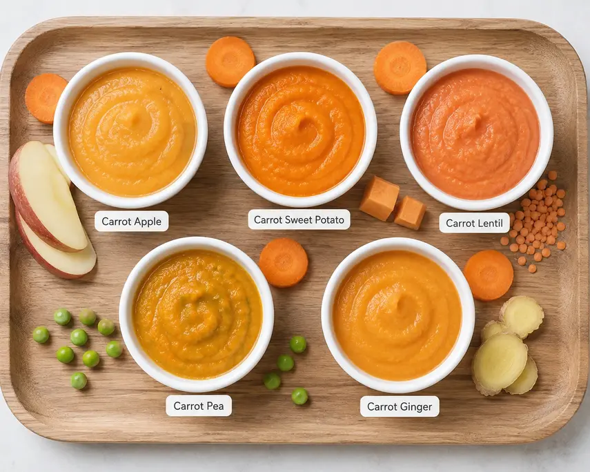 Five carrot puree for baby combinations with apple, sweet potato, lentil, peas and ginger, served in small white bowls on a wooden tray.