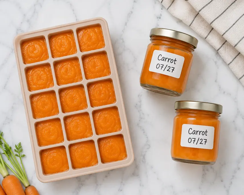 Carrot puree for baby portioned in a silicone freezer tray and labeled glass jars, showing an easy way to store homemade baby food.