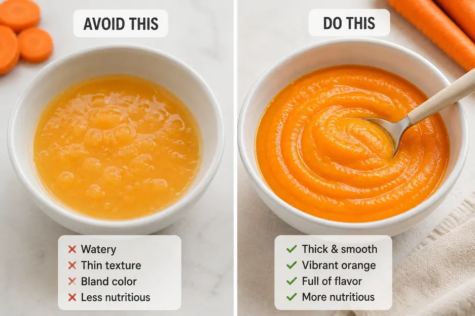 Comparison of watery carrot puree and thick, smooth carrot puree for baby, showing the difference in texture, color and consistency.