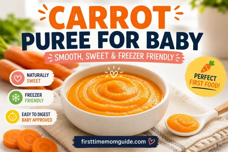 Carrot puree for baby in a white bowl with fresh carrots, highlighting a smooth, sweet and freezer-friendly homemade first food.
