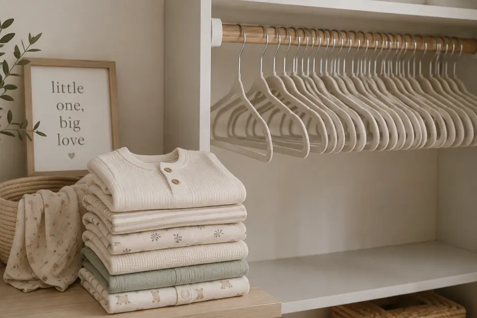 Neatly folded gender-neutral baby outfits beside empty closet hangers, showing a minimalist baby wardrobe and common baby registry mistakes.