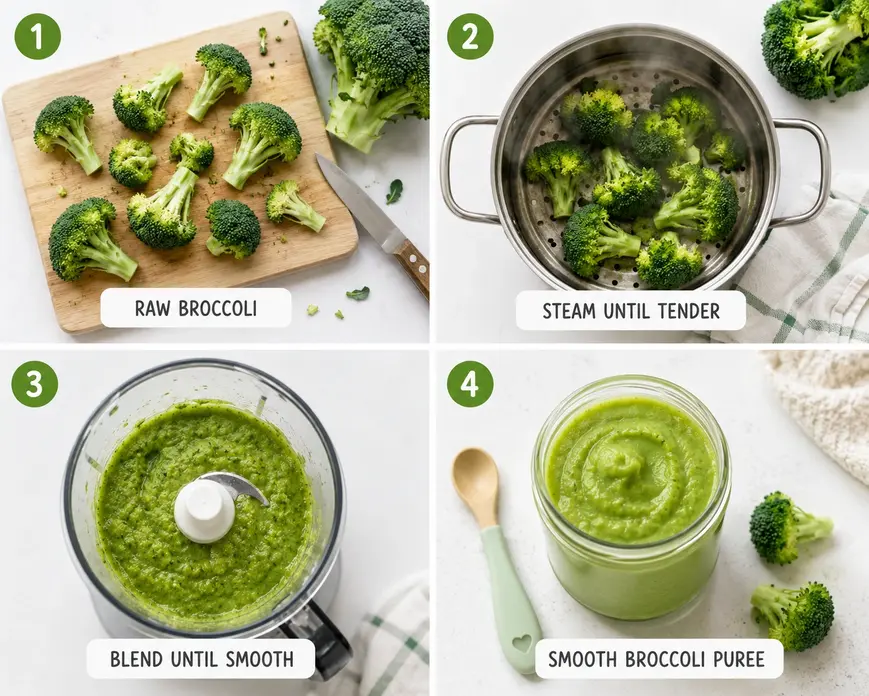 Step-by-step broccoli puree recipe for babies showing raw broccoli, steaming, blending and smooth puree, perfect for first-time moms.